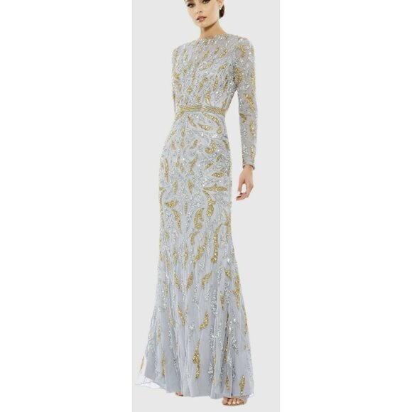 Mac Duggal $598 Formal Gown Gray Sequins Beaded Maxi Dress Long Sleeve NWT - Picture 1 of 11
